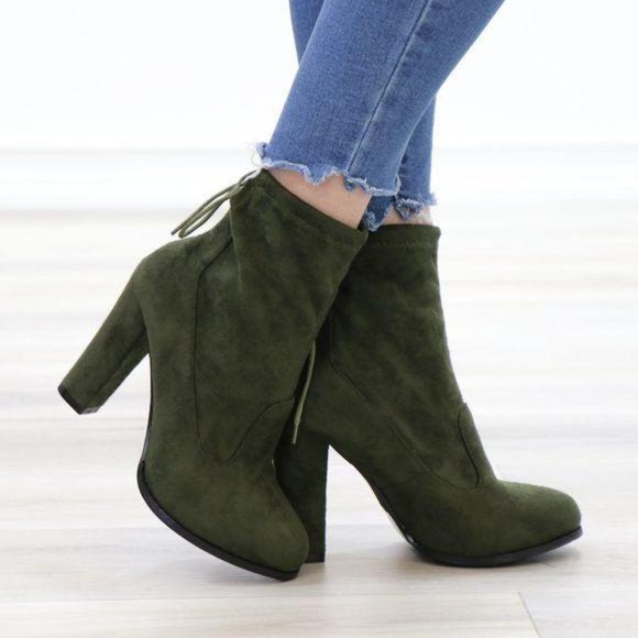 Round Toe Olive Suede Ankle Heeled Boots, Booties - Picture 8 of 12